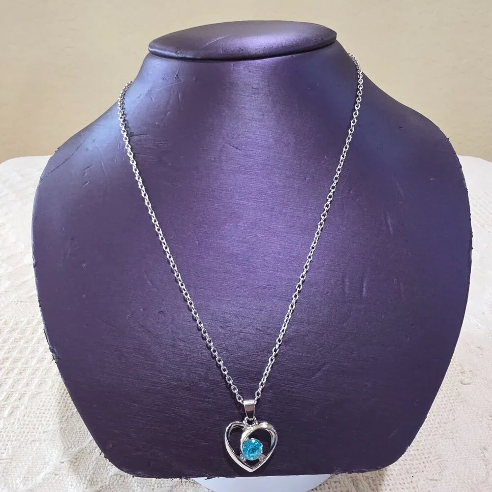 Silver-tone Light Blue Solitaire Stone Open Heart Pendant Silver Chain Necklace